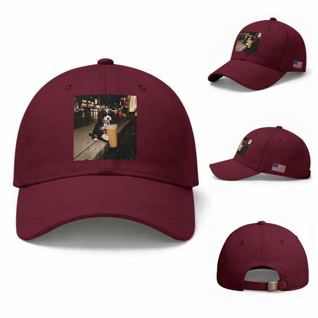 Bernedoodle Dog Drinking Iced Coffee Baseball Cap Funny Coffee Lover Gift for Dog Moms Dads