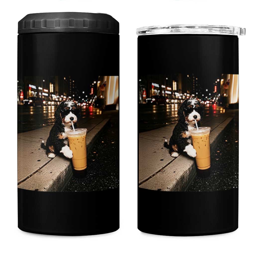 Bernedoodle Dog Drinking Iced Coffee 4 in 1 Can Cooler Tumbler Funny Coffee Lover Gift for Dog Moms Dads