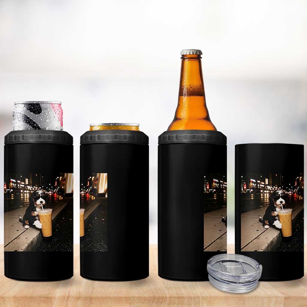 Bernedoodle Dog Drinking Iced Coffee 4 in 1 Can Cooler Tumbler Funny Coffee Lover Gift for Dog Moms Dads