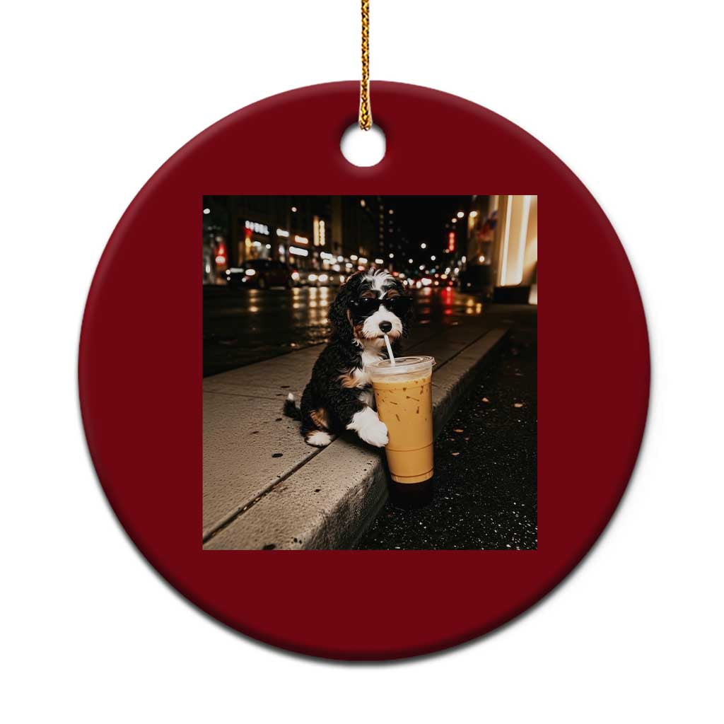 Bernedoodle Dog Drinking Iced Coffee Ceramic Ornament Funny Coffee Lover Gift for Dog Moms Dads
