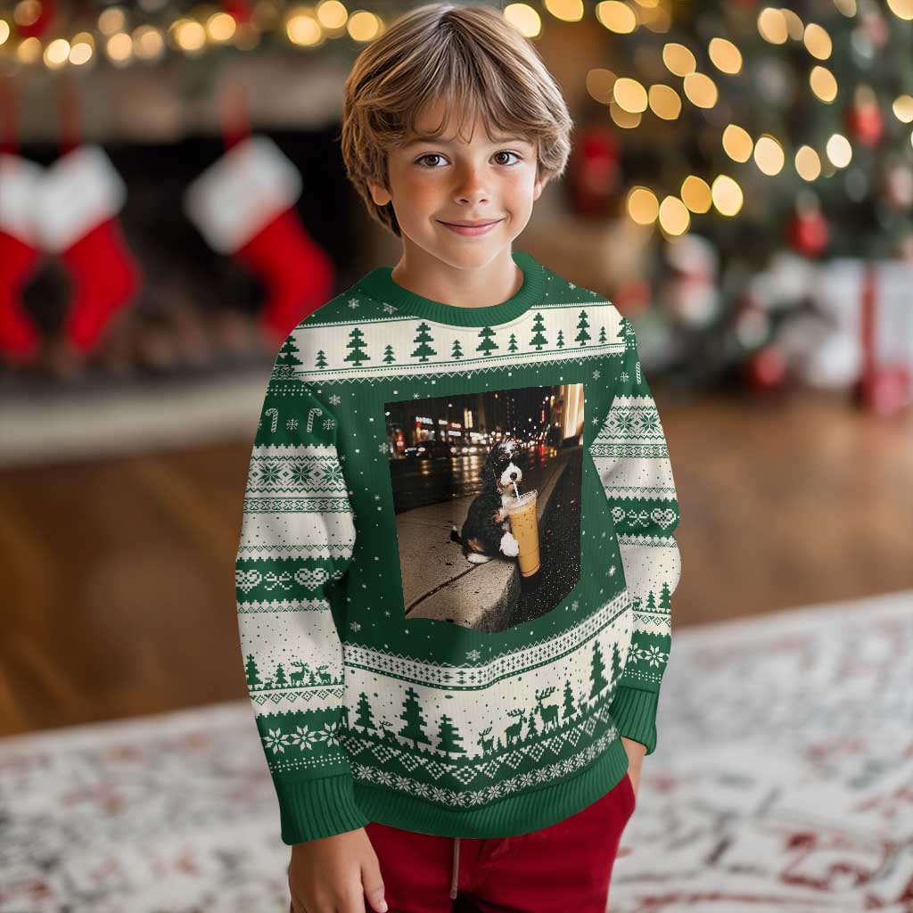 Bernedoodle Dog Drinking Iced Coffee Ugly Christmas Sweater Funny Coffee Lover Gift for Dog Moms Dads