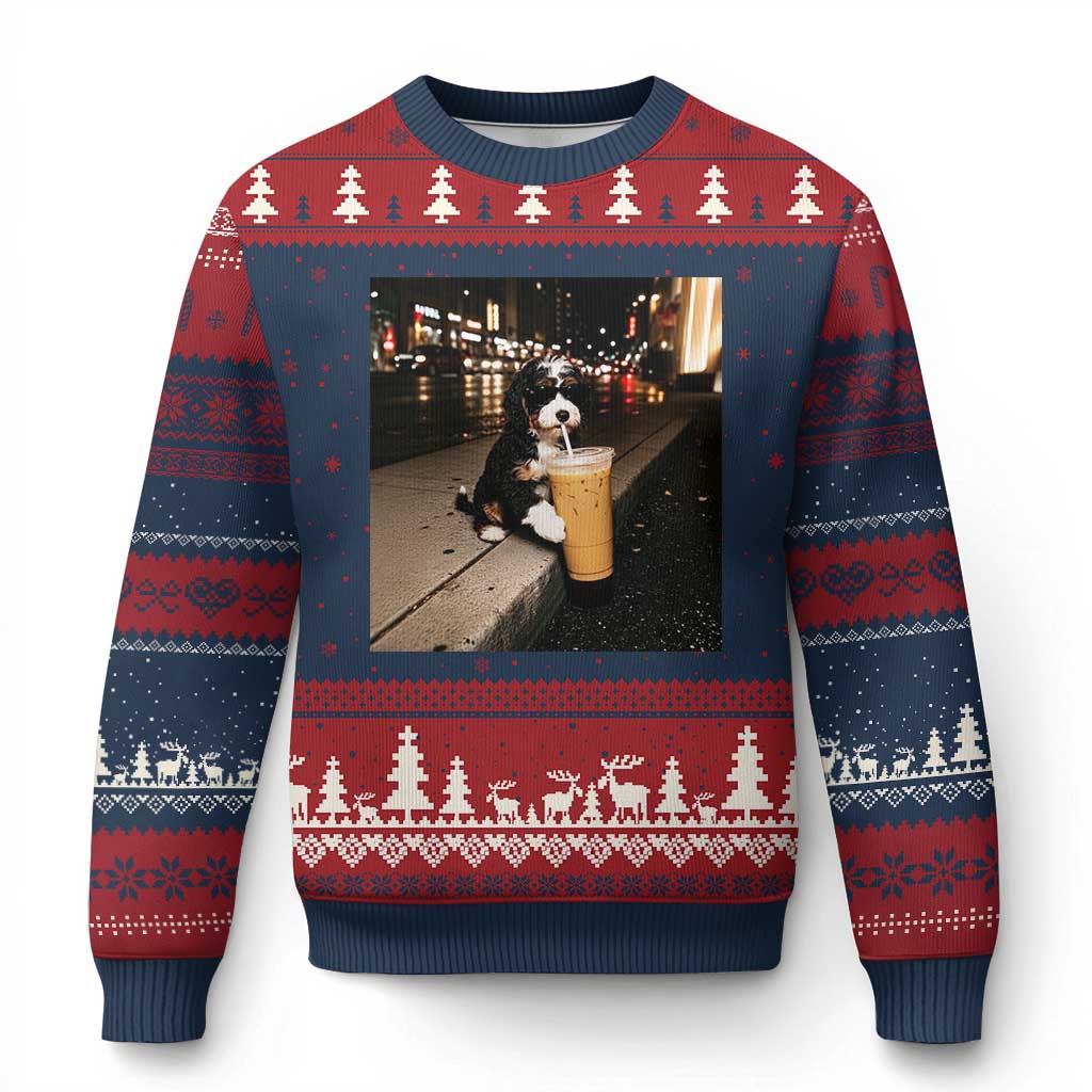 Bernedoodle Dog Drinking Iced Coffee Ugly Christmas Sweater Funny Coffee Lover Gift for Dog Moms Dads