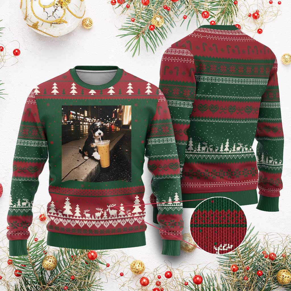Bernedoodle Dog Drinking Iced Coffee Ugly Christmas Sweater Funny Coffee Lover Gift for Dog Moms Dads