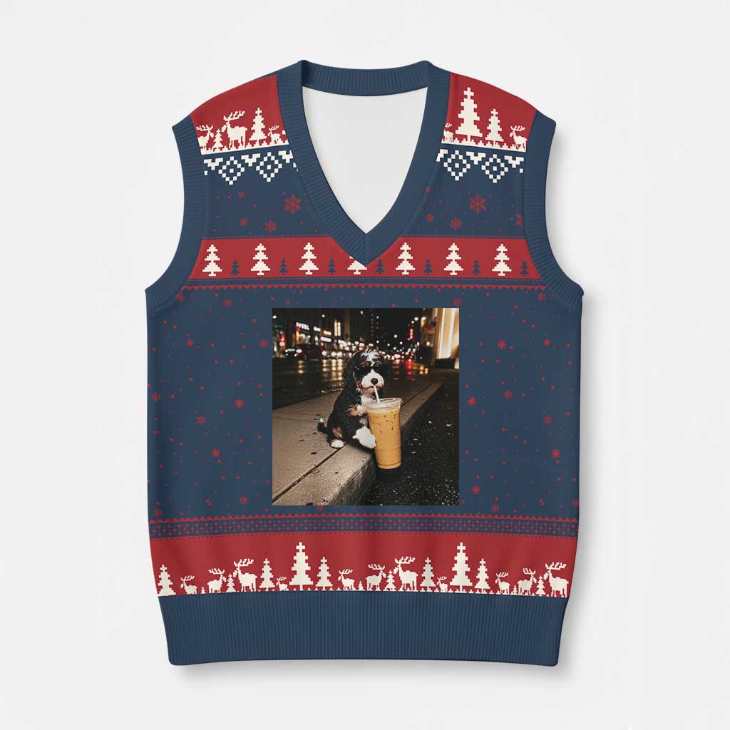 Bernedoodle Dog Drinking Iced Coffee V-Neck Knit Sweater Vest Funny Coffee Lover Gift for Dog Moms Dads