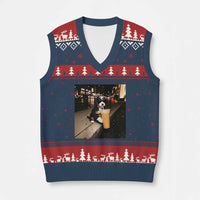 Bernedoodle Dog Drinking Iced Coffee V-Neck Knit Sweater Vest Funny Coffee Lover Gift for Dog Moms Dads