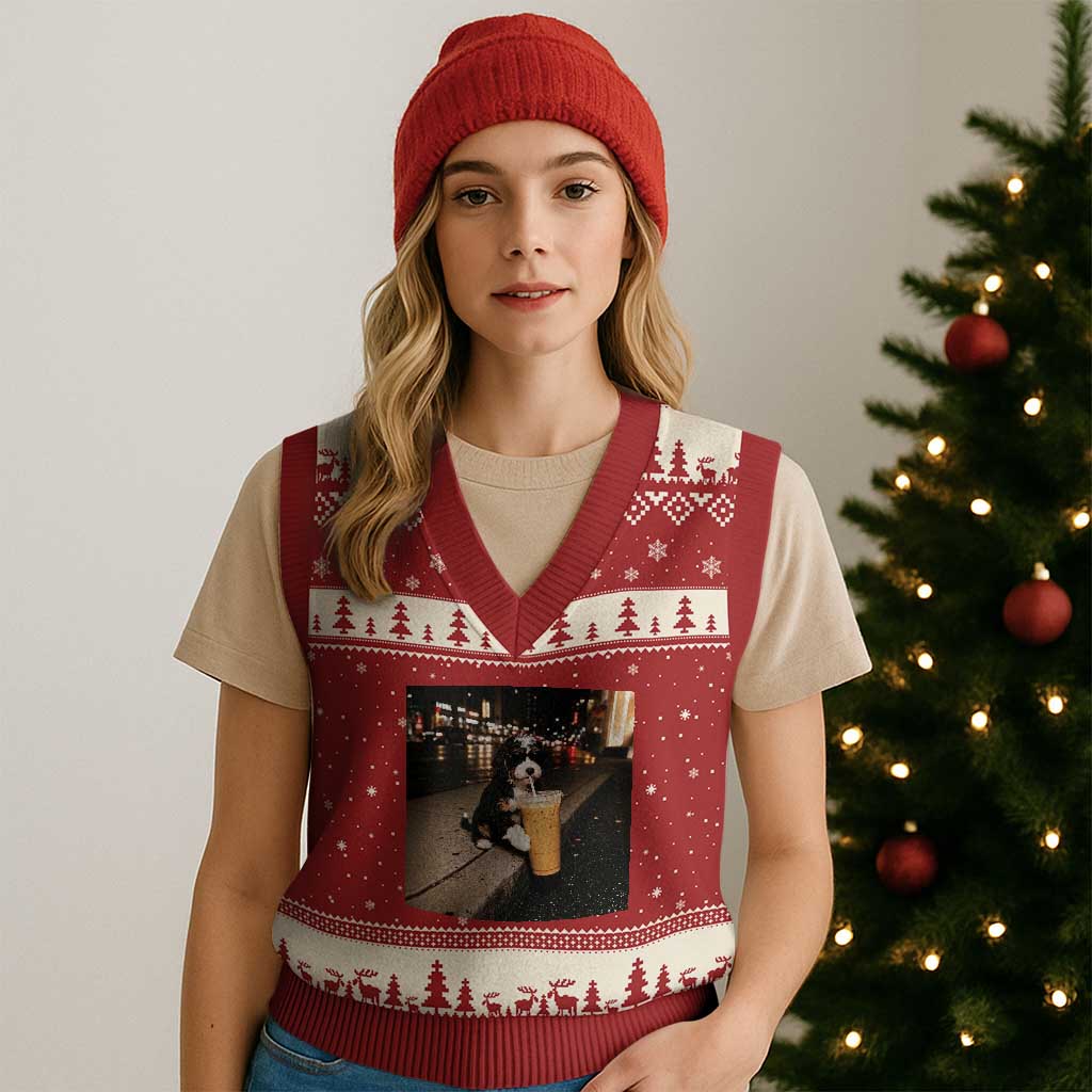 Bernedoodle Dog Drinking Iced Coffee V-Neck Knit Sweater Vest Funny Coffee Lover Gift for Dog Moms Dads