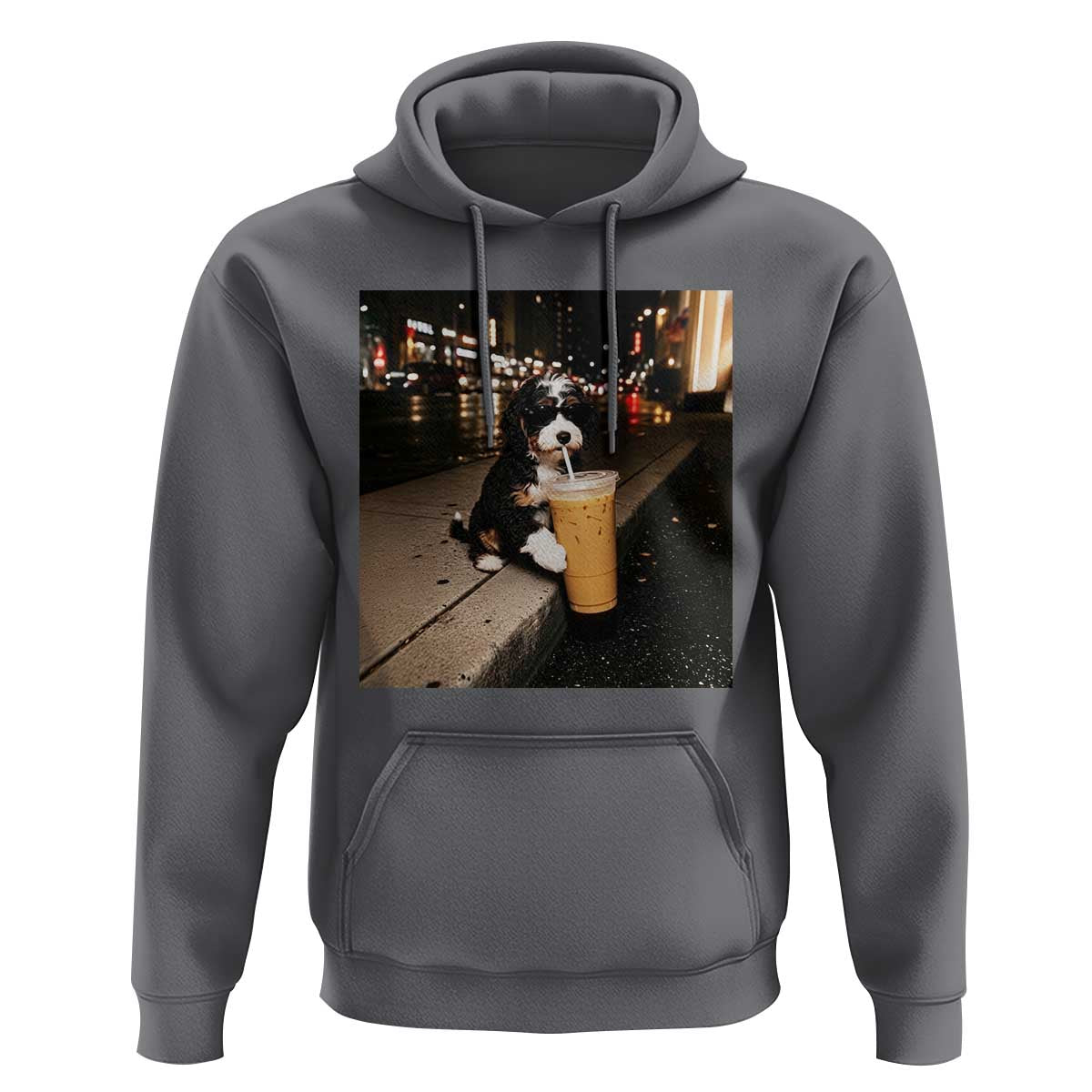 Bernedoodle Dog Drinking Iced Coffee Hoodie Funny Coffee Lover Gift for Dog Moms Dads