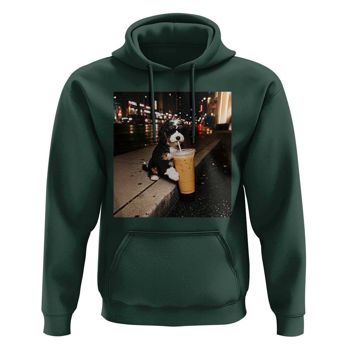 Bernedoodle Dog Drinking Iced Coffee Hoodie Funny Coffee Lover Gift for Dog Moms Dads