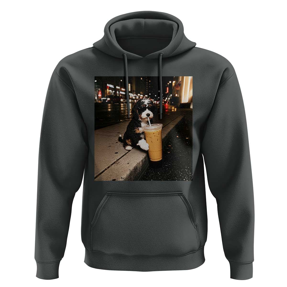 Bernedoodle Dog Drinking Iced Coffee Hoodie Funny Coffee Lover Gift for Dog Moms Dads