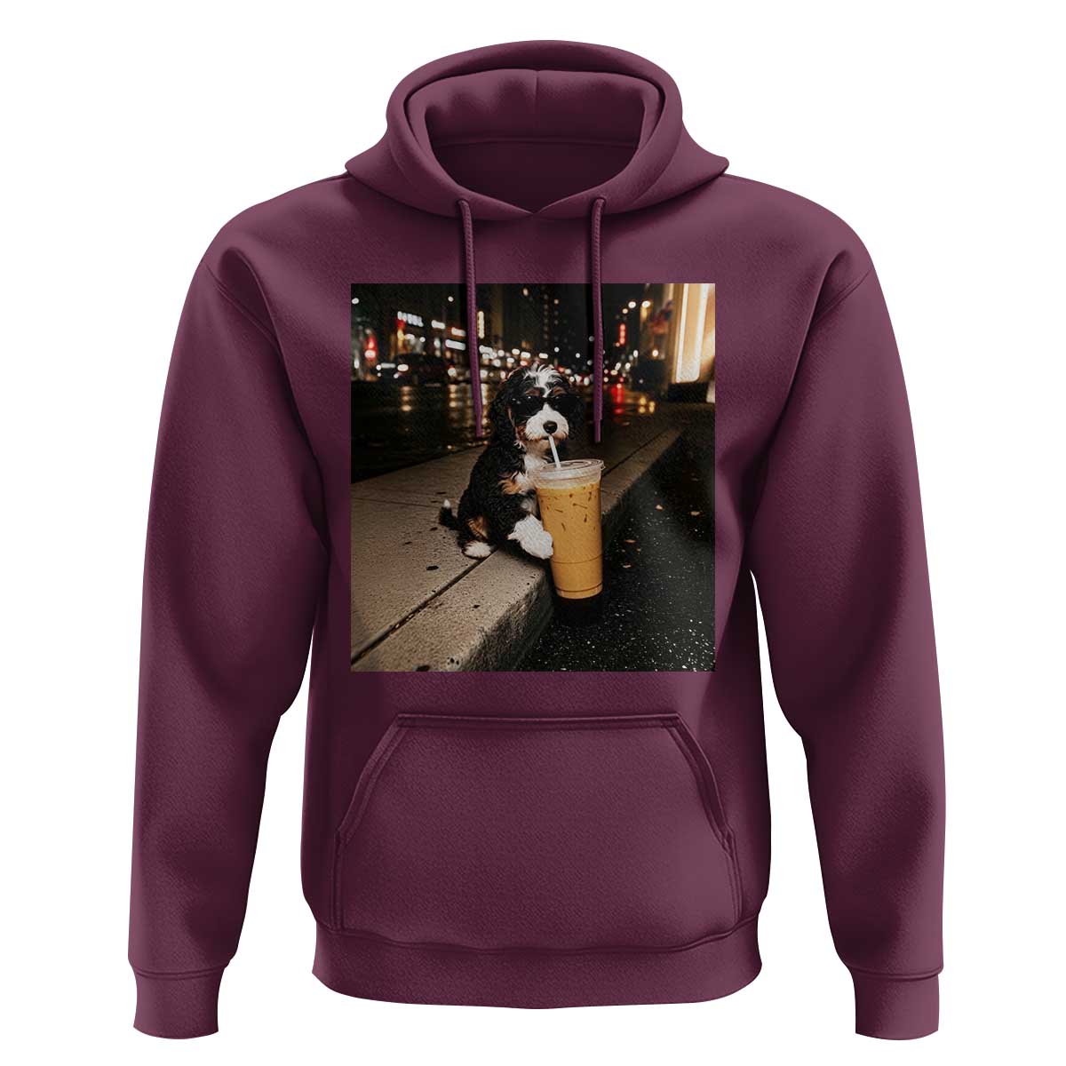Bernedoodle Dog Drinking Iced Coffee Hoodie Funny Coffee Lover Gift for Dog Moms Dads