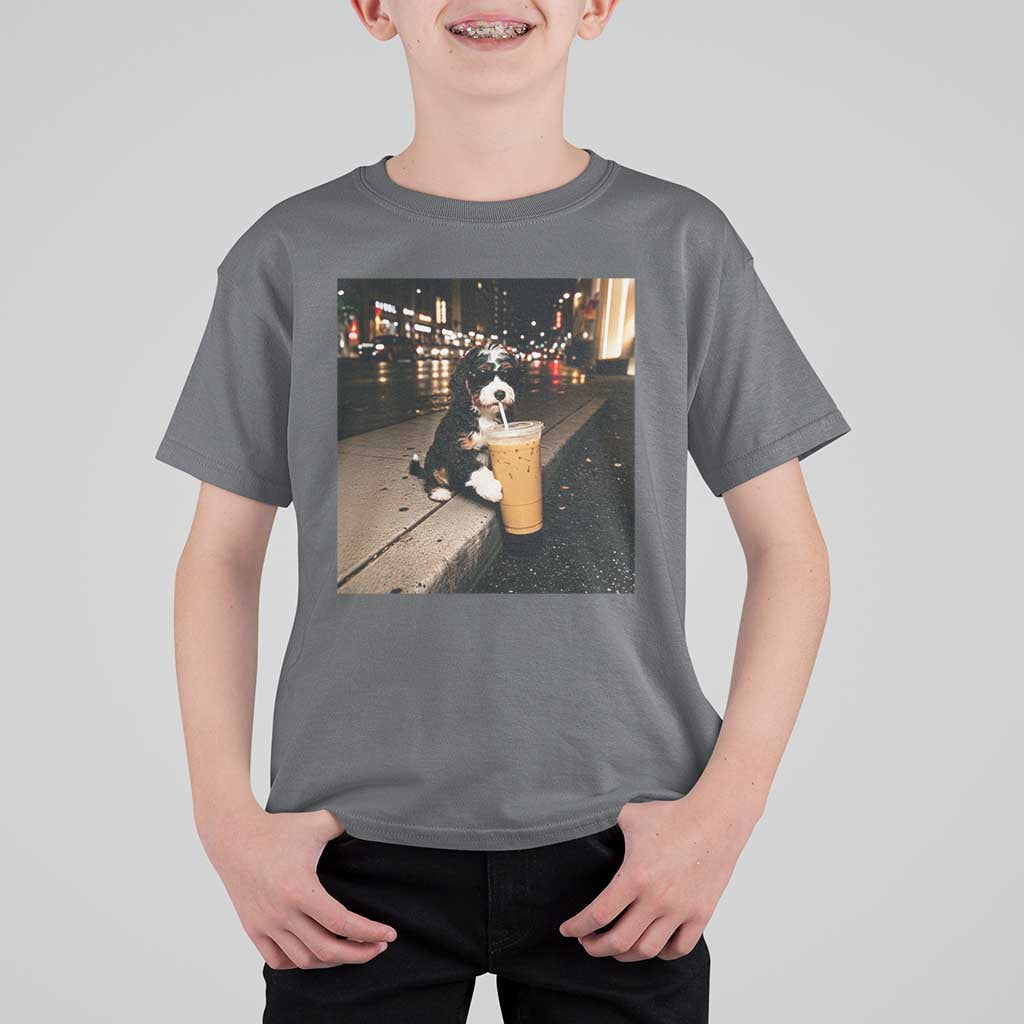 Bernedoodle Dog Drinking Iced Coffee T Shirt For Kid Funny Coffee Lover Gift for Dog Moms Dads