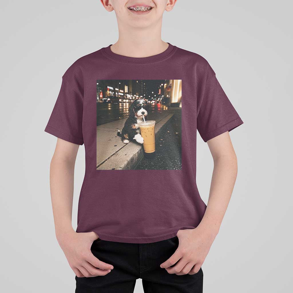Bernedoodle Dog Drinking Iced Coffee T Shirt For Kid Funny Coffee Lover Gift for Dog Moms Dads