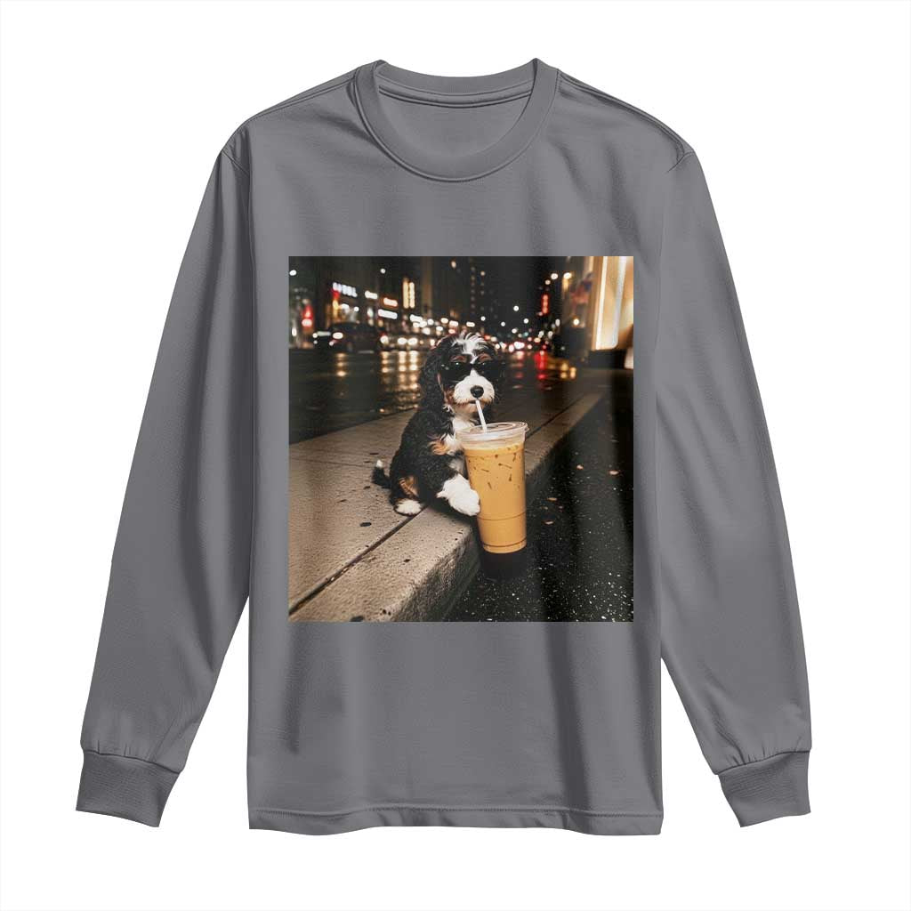 Bernedoodle Dog Drinking Iced Coffee Long Sleeve Shirt Funny Coffee Lover Gift for Dog Moms Dads