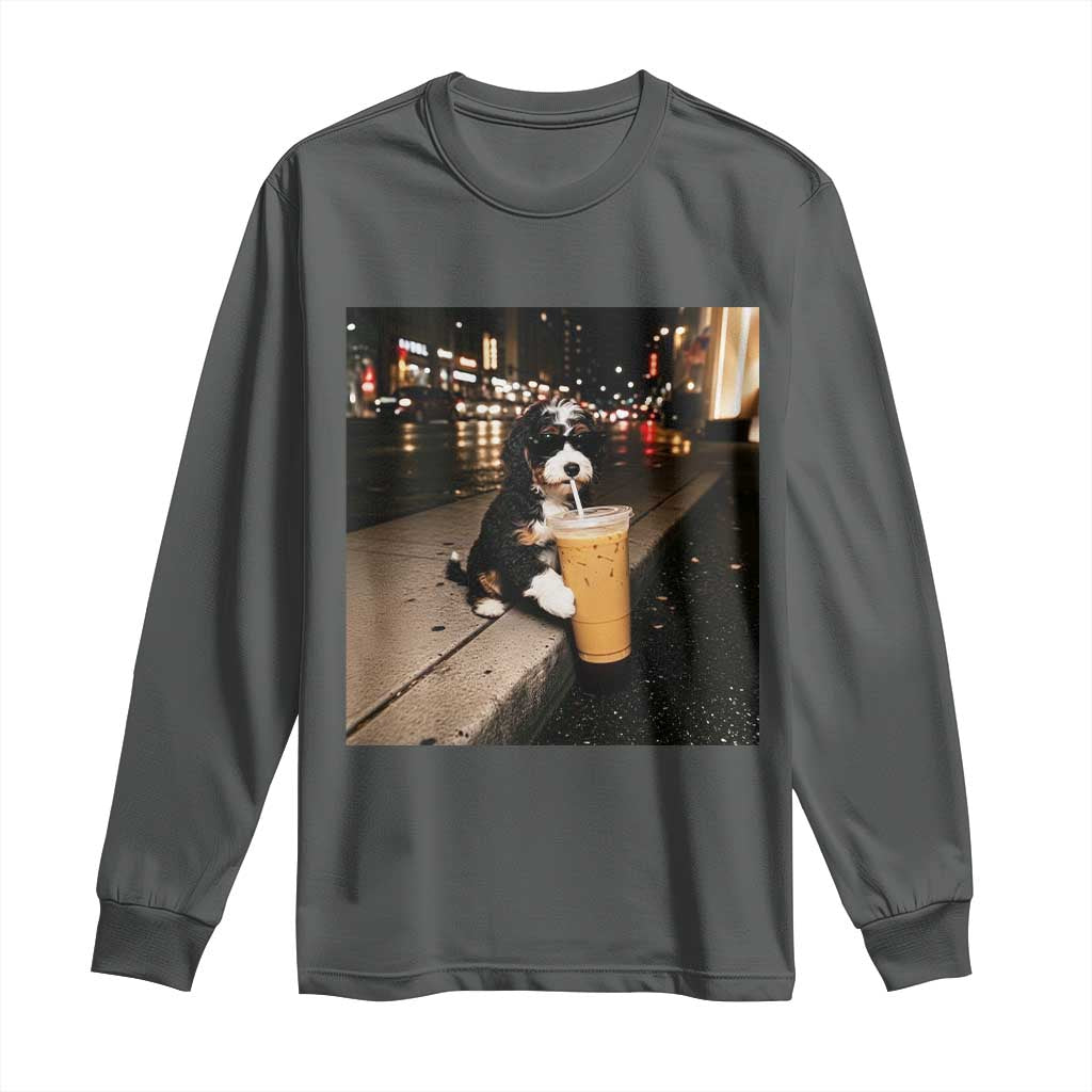 Bernedoodle Dog Drinking Iced Coffee Long Sleeve Shirt Funny Coffee Lover Gift for Dog Moms Dads
