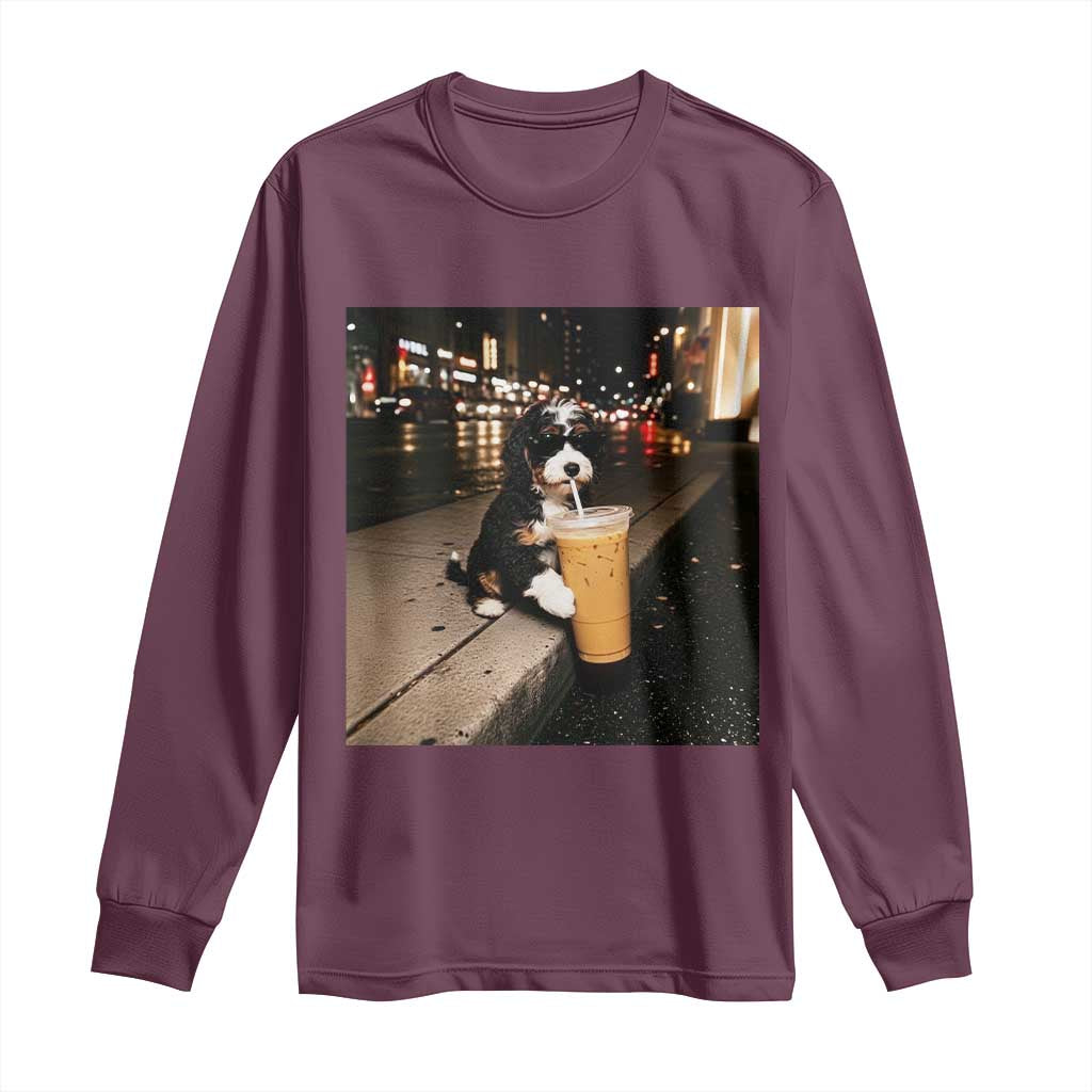 Bernedoodle Dog Drinking Iced Coffee Long Sleeve Shirt Funny Coffee Lover Gift for Dog Moms Dads