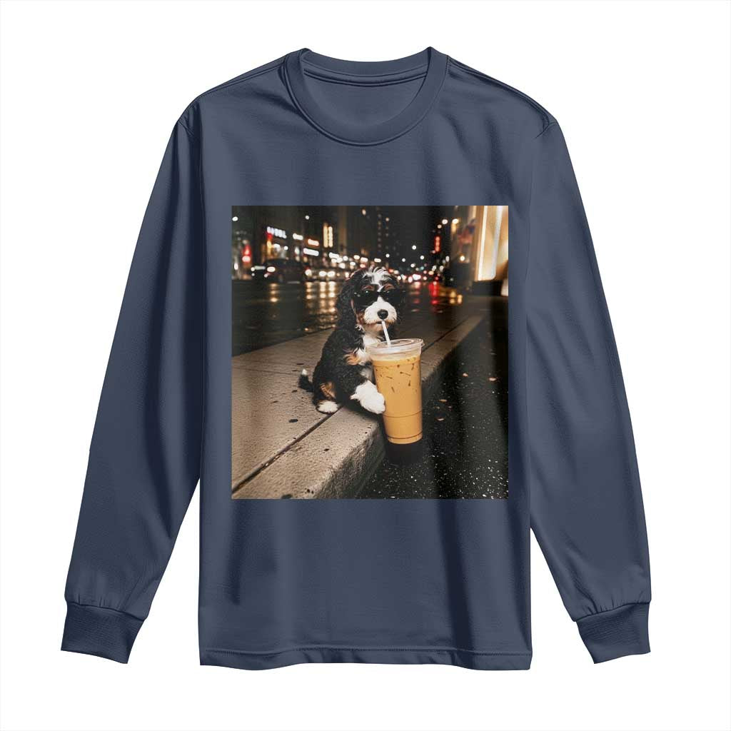 Bernedoodle Dog Drinking Iced Coffee Long Sleeve Shirt Funny Coffee Lover Gift for Dog Moms Dads