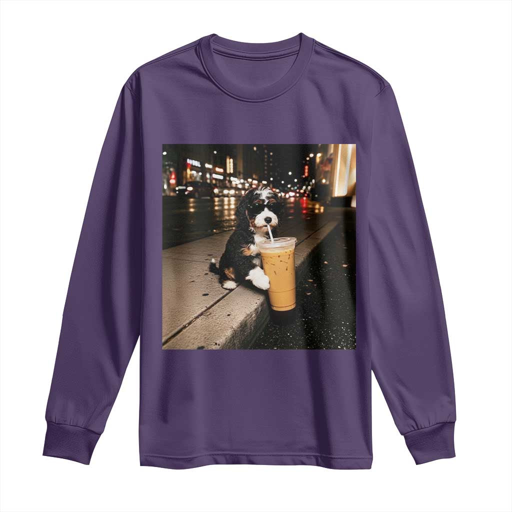 Bernedoodle Dog Drinking Iced Coffee Long Sleeve Shirt Funny Coffee Lover Gift for Dog Moms Dads