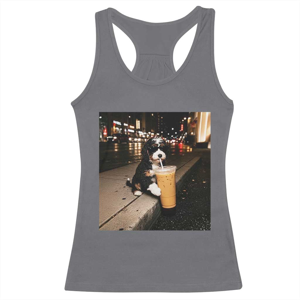 Bernedoodle Dog Drinking Iced Coffee Racerback Tank Top Funny Coffee Lover Gift for Dog Moms Dads