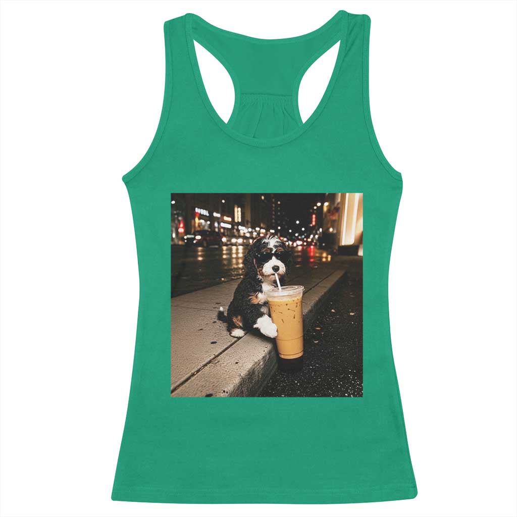 Bernedoodle Dog Drinking Iced Coffee Racerback Tank Top Funny Coffee Lover Gift for Dog Moms Dads