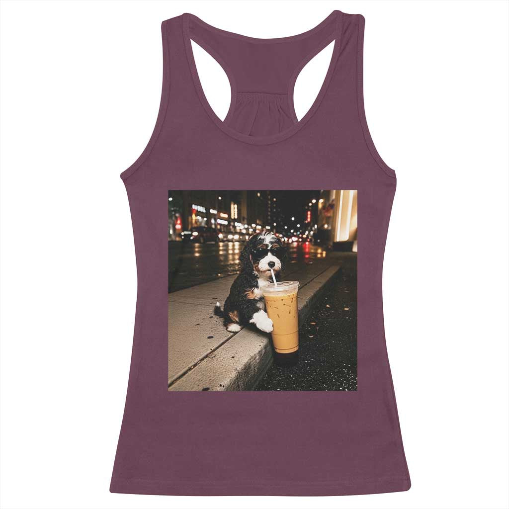 Bernedoodle Dog Drinking Iced Coffee Racerback Tank Top Funny Coffee Lover Gift for Dog Moms Dads