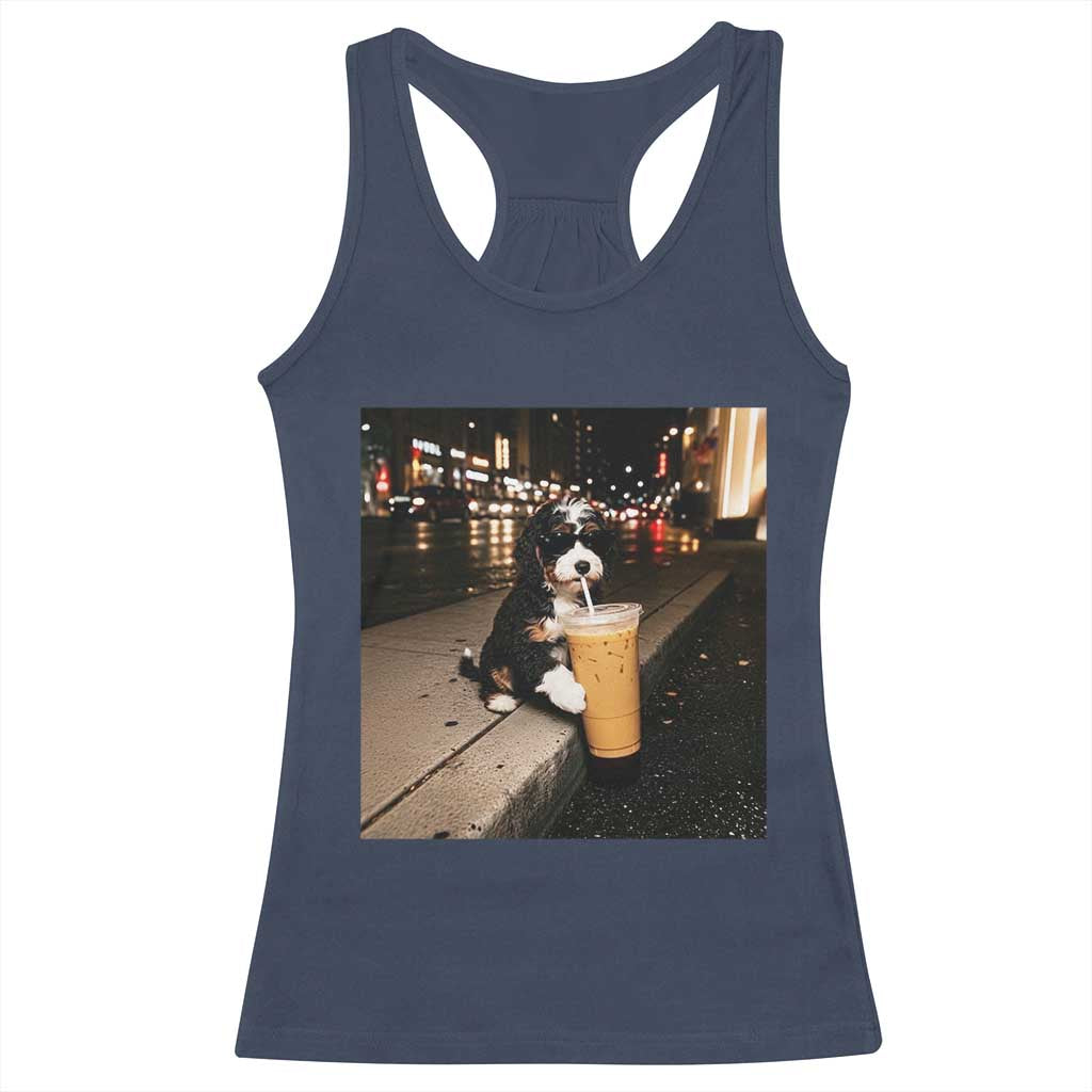 Bernedoodle Dog Drinking Iced Coffee Racerback Tank Top Funny Coffee Lover Gift for Dog Moms Dads