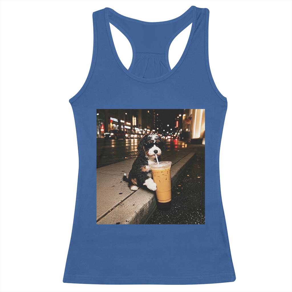 Bernedoodle Dog Drinking Iced Coffee Racerback Tank Top Funny Coffee Lover Gift for Dog Moms Dads