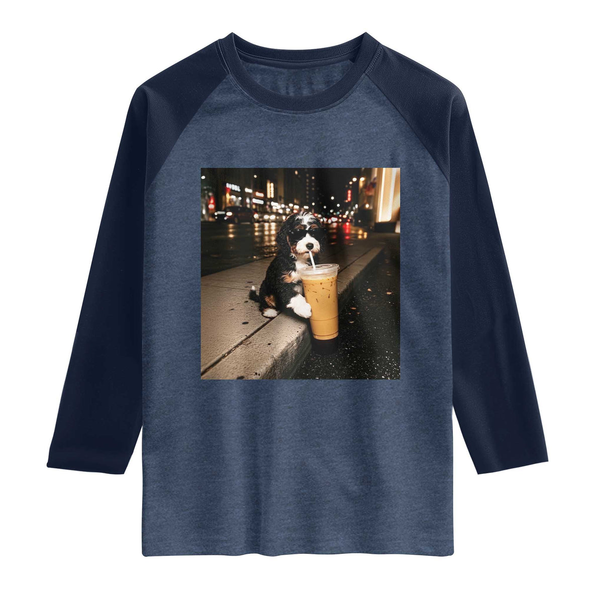 Bernedoodle Dog Drinking Iced Coffee Raglan Shirt Funny Coffee Lover Gift for Dog Moms Dads