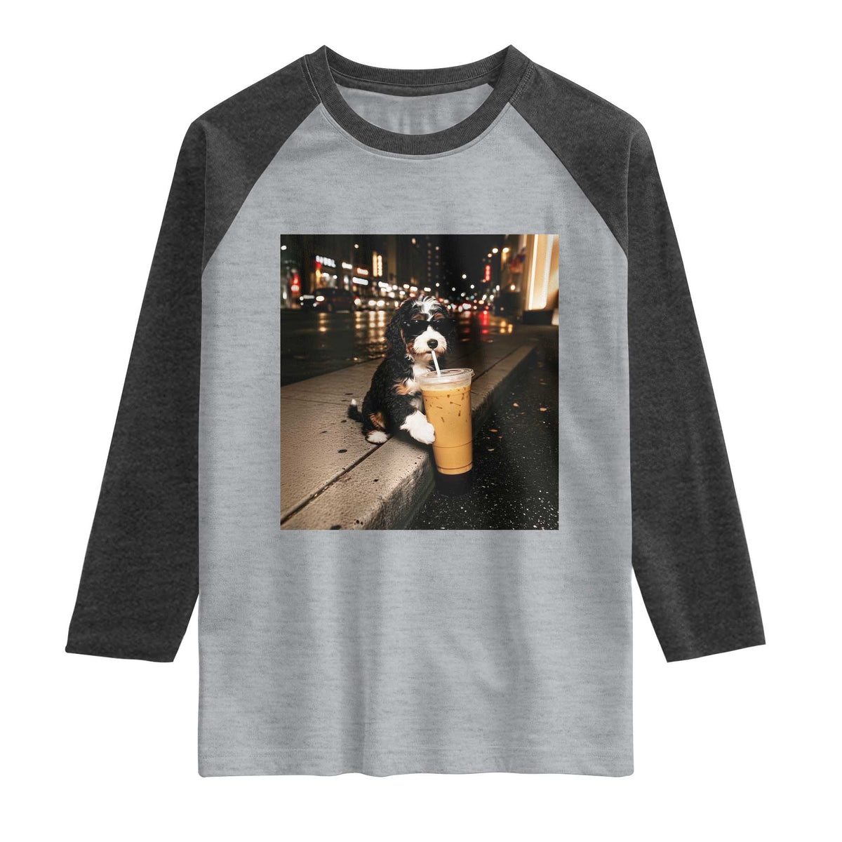 Bernedoodle Dog Drinking Iced Coffee Raglan Shirt Funny Coffee Lover Gift for Dog Moms Dads