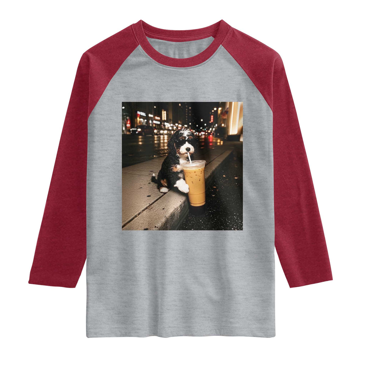Bernedoodle Dog Drinking Iced Coffee Raglan Shirt Funny Coffee Lover Gift for Dog Moms Dads