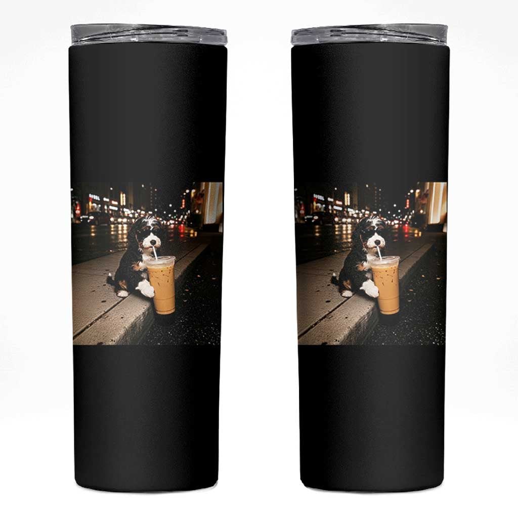 Bernedoodle Dog Drinking Iced Coffee Skinny Tumbler Funny Coffee Lover Gift for Dog Moms Dads