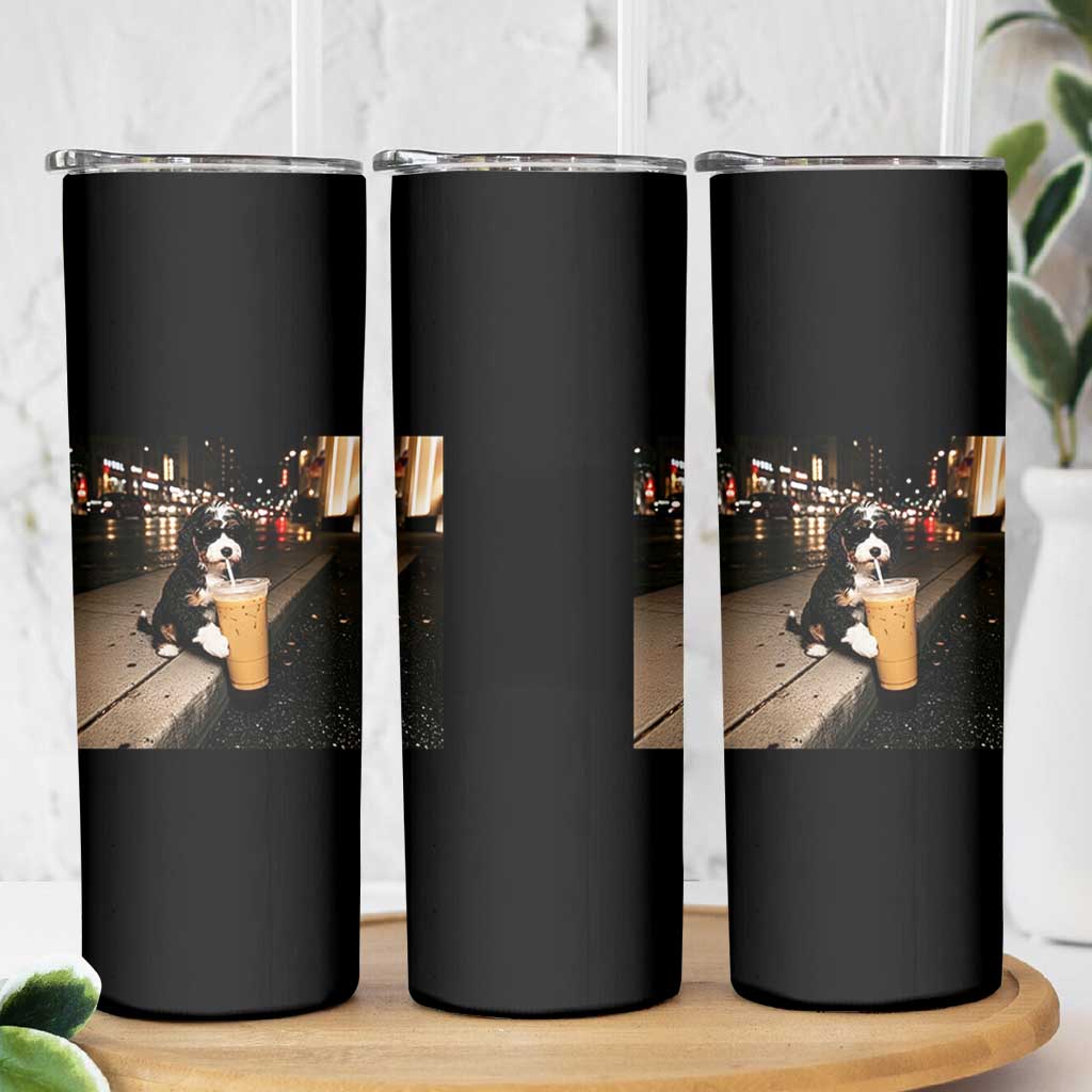 Bernedoodle Dog Drinking Iced Coffee Skinny Tumbler Funny Coffee Lover Gift for Dog Moms Dads