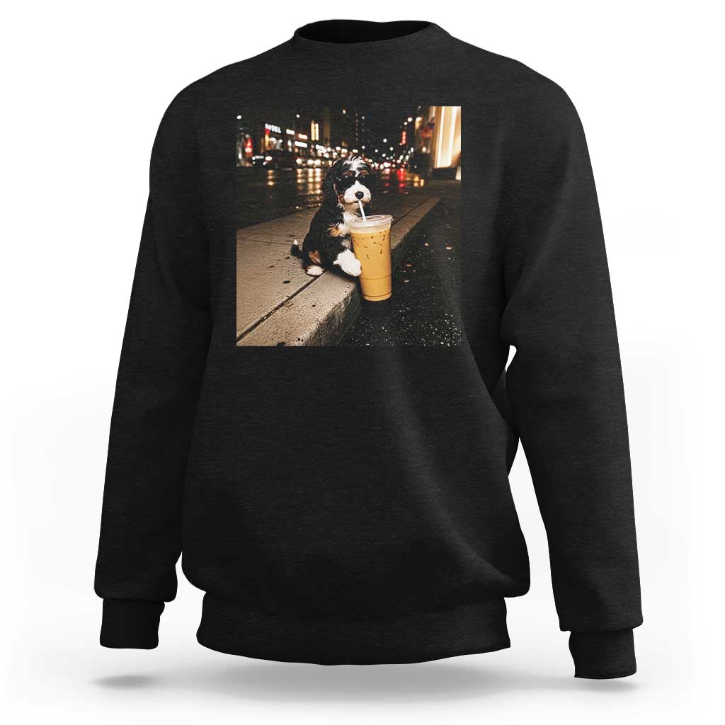 Bernedoodle Dog Drinking Iced Coffee Sweatshirt Funny Coffee Lover Gift for Dog Moms Dads