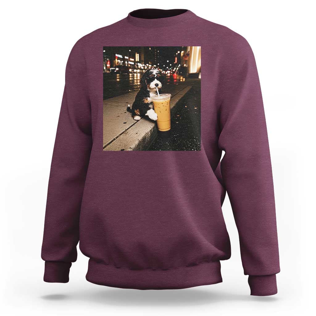 Bernedoodle Dog Drinking Iced Coffee Sweatshirt Funny Coffee Lover Gift for Dog Moms Dads