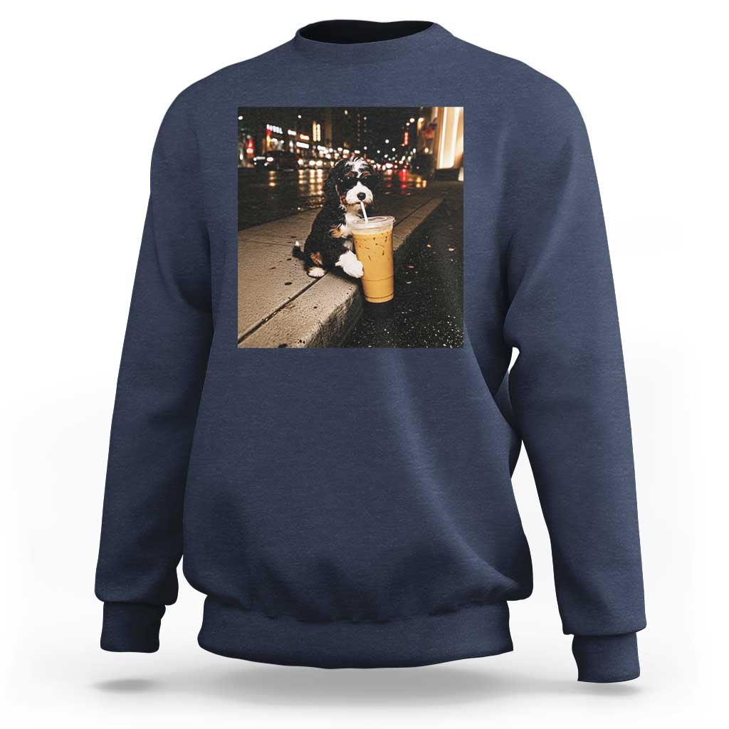 Bernedoodle Dog Drinking Iced Coffee Sweatshirt Funny Coffee Lover Gift for Dog Moms Dads