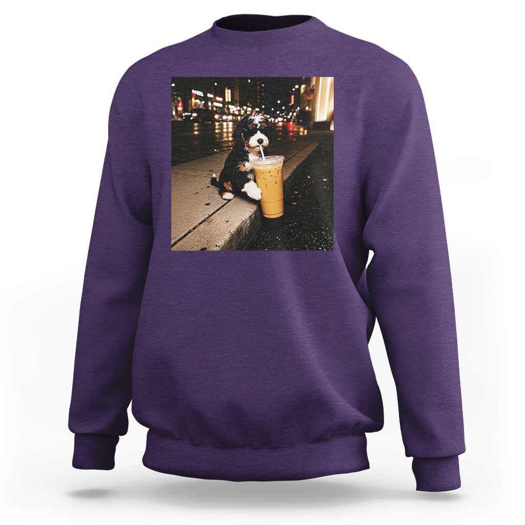 Bernedoodle Dog Drinking Iced Coffee Sweatshirt Funny Coffee Lover Gift for Dog Moms Dads