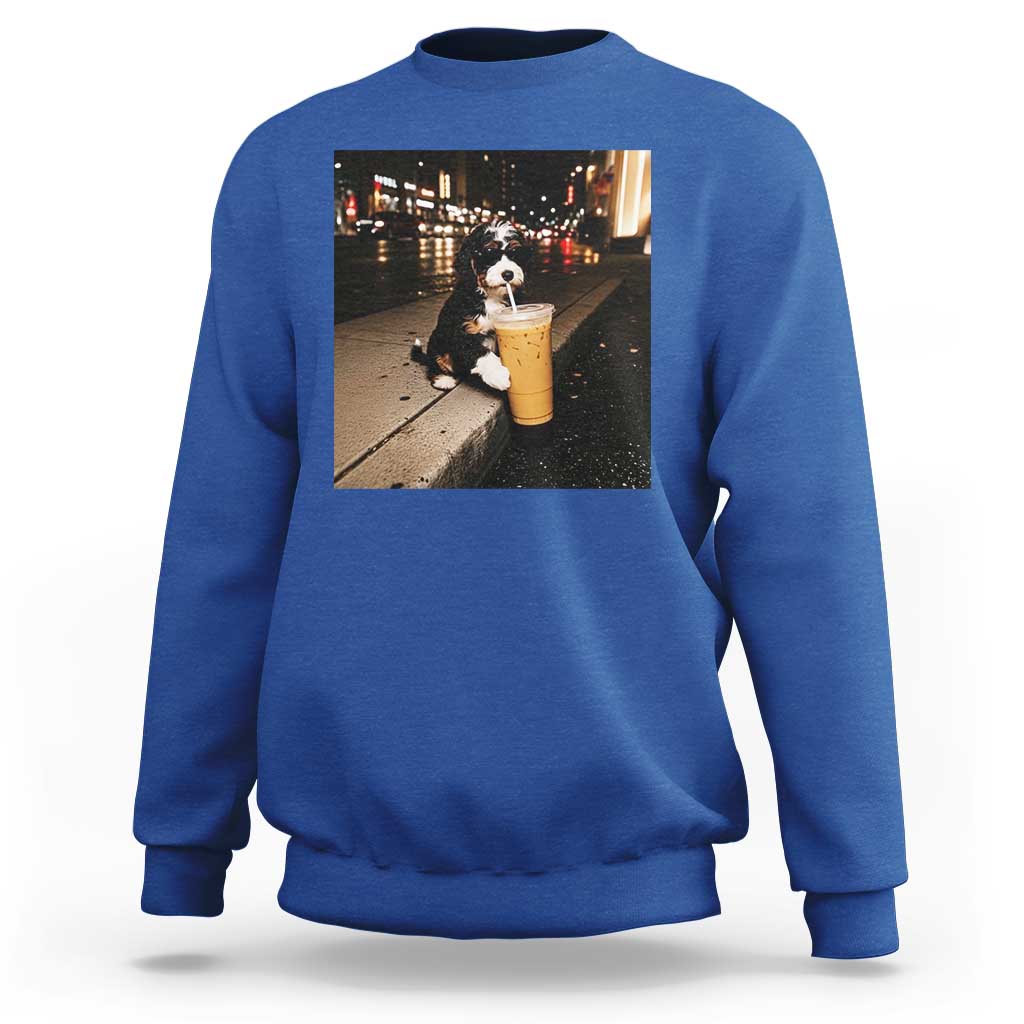 Bernedoodle Dog Drinking Iced Coffee Sweatshirt Funny Coffee Lover Gift for Dog Moms Dads