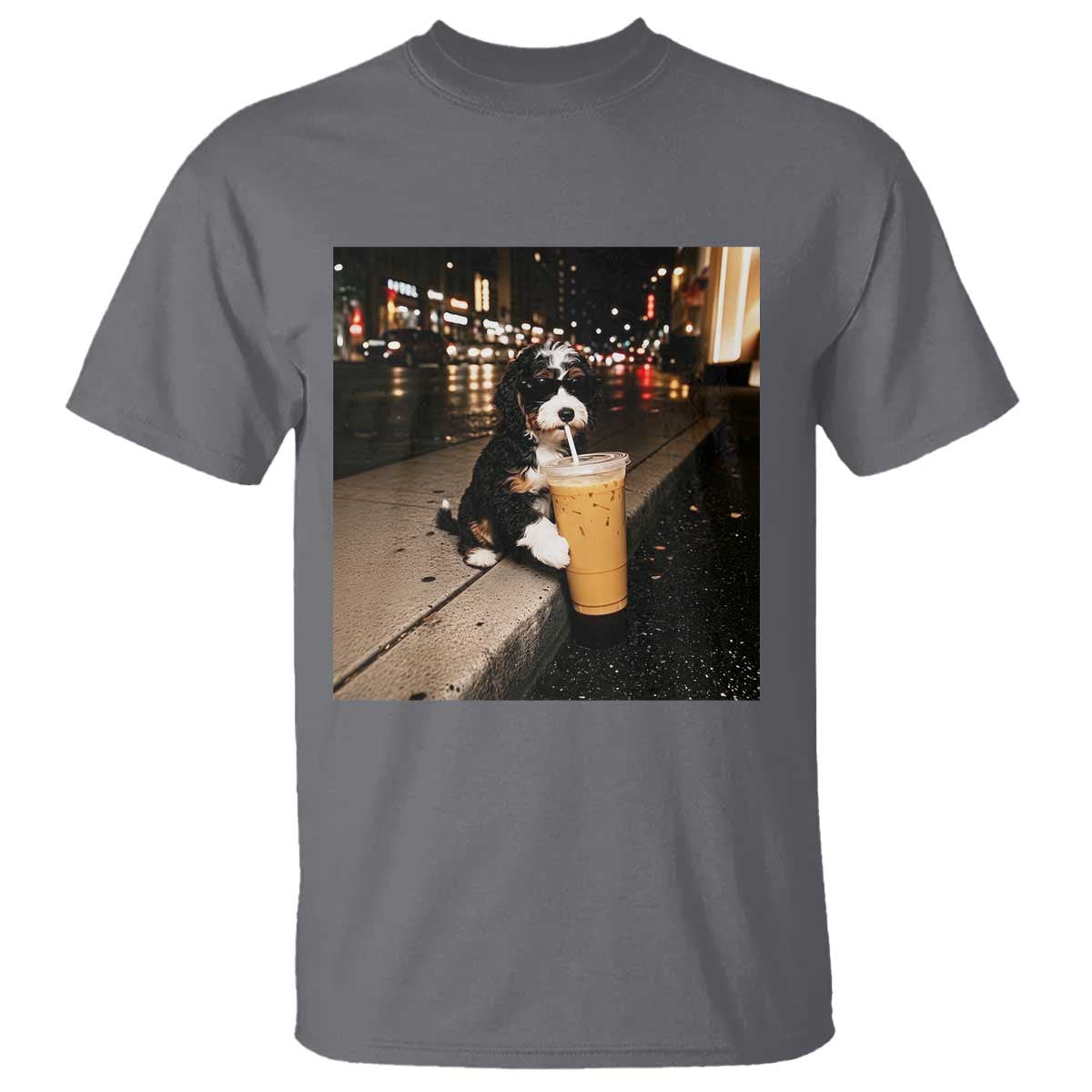 Bernedoodle Dog Drinking Iced Coffee T Shirt Funny Coffee Lover Gift for Dog Moms Dads