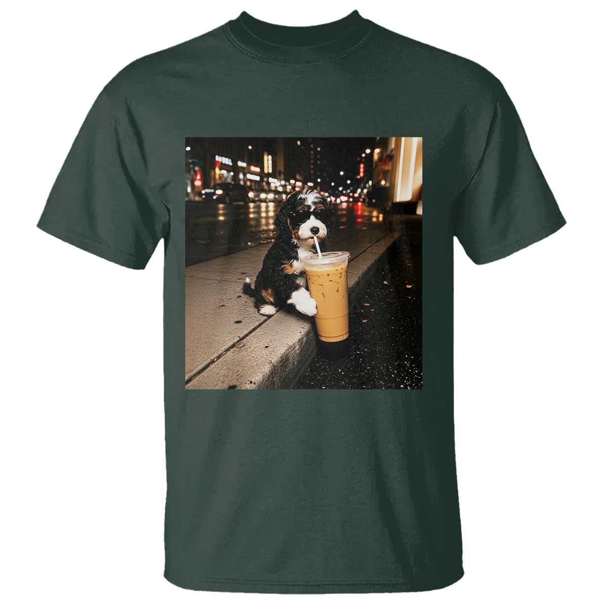 Bernedoodle Dog Drinking Iced Coffee T Shirt Funny Coffee Lover Gift for Dog Moms Dads
