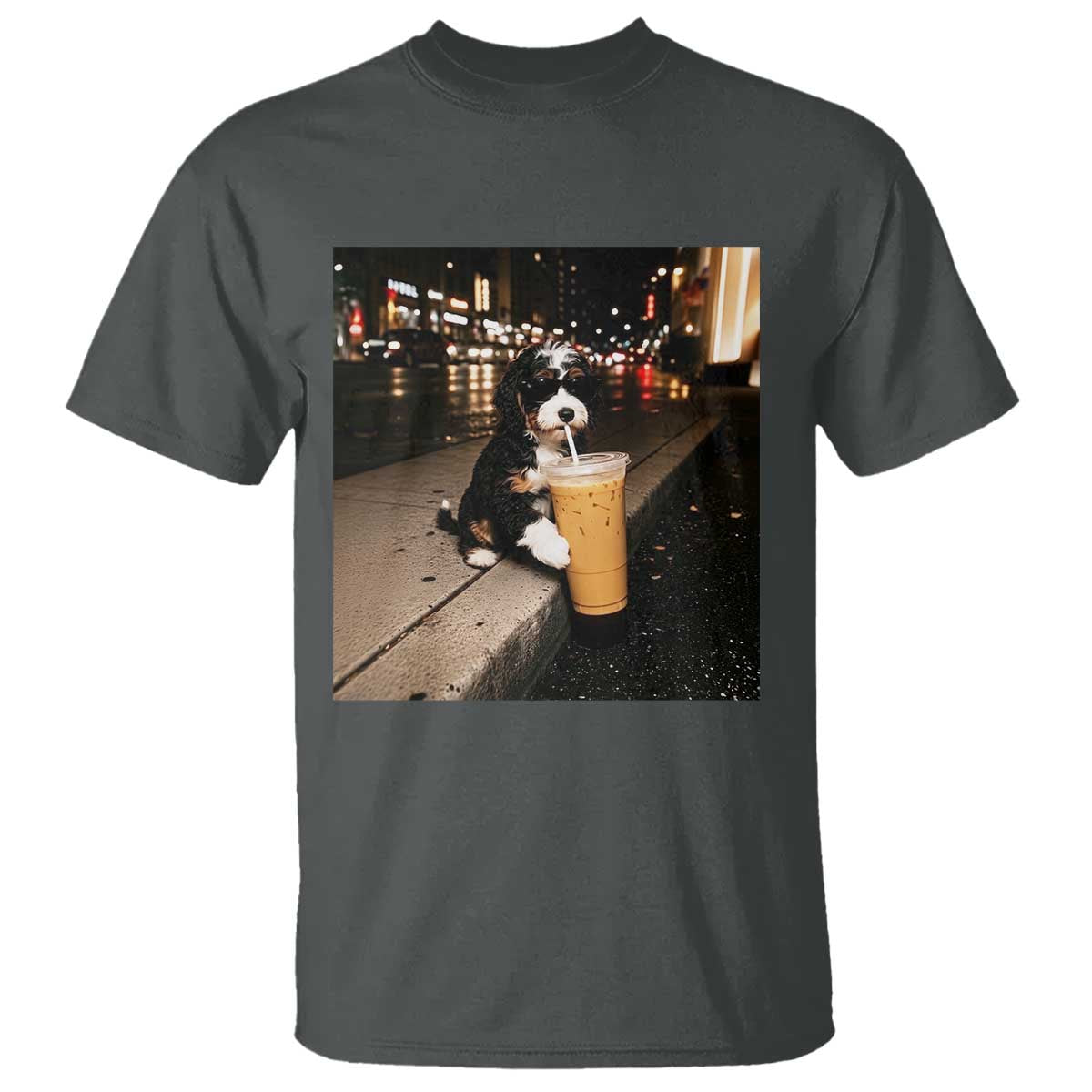 Bernedoodle Dog Drinking Iced Coffee T Shirt Funny Coffee Lover Gift for Dog Moms Dads
