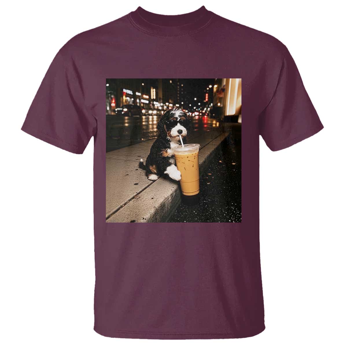 Bernedoodle Dog Drinking Iced Coffee T Shirt Funny Coffee Lover Gift for Dog Moms Dads