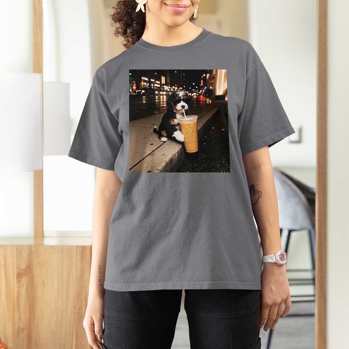 Bernedoodle Dog Drinking Iced Coffee T Shirt For Women Funny Coffee Lover Gift for Dog Moms Dads