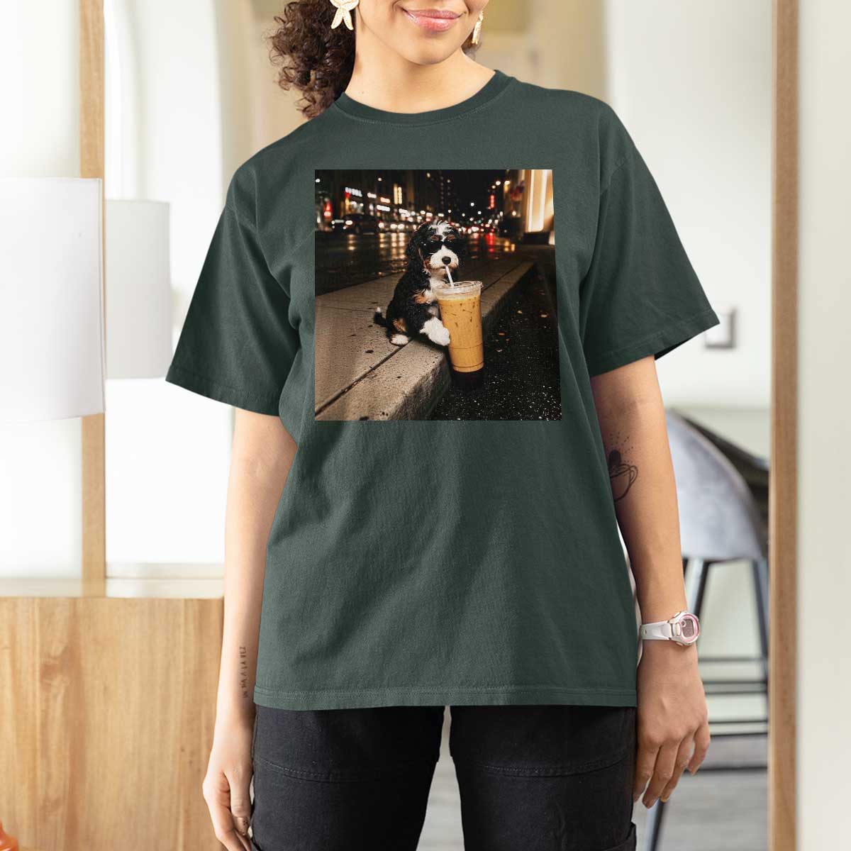 Bernedoodle Dog Drinking Iced Coffee T Shirt For Women Funny Coffee Lover Gift for Dog Moms Dads