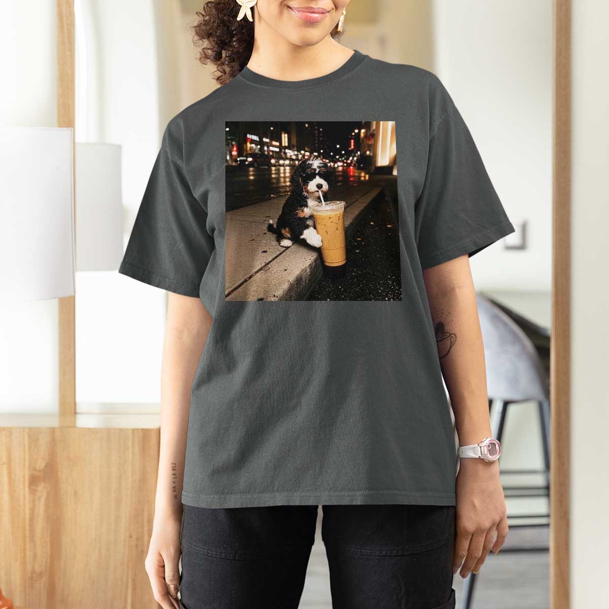 Bernedoodle Dog Drinking Iced Coffee T Shirt For Women Funny Coffee Lover Gift for Dog Moms Dads
