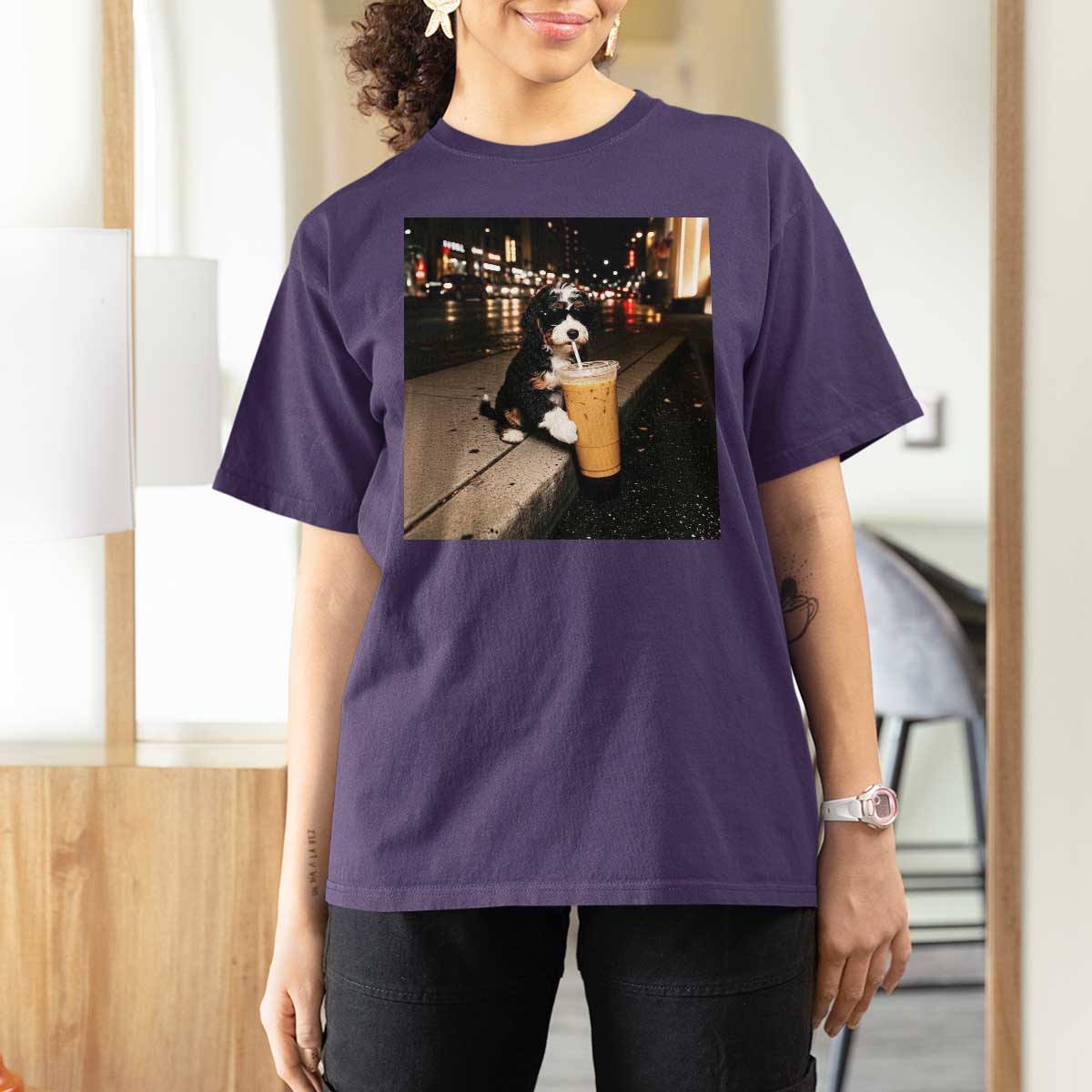 Bernedoodle Dog Drinking Iced Coffee T Shirt For Women Funny Coffee Lover Gift for Dog Moms Dads