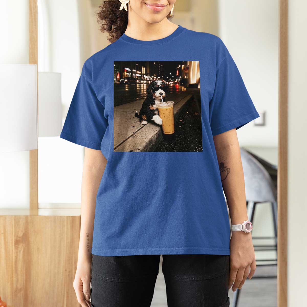 Bernedoodle Dog Drinking Iced Coffee T Shirt For Women Funny Coffee Lover Gift for Dog Moms Dads