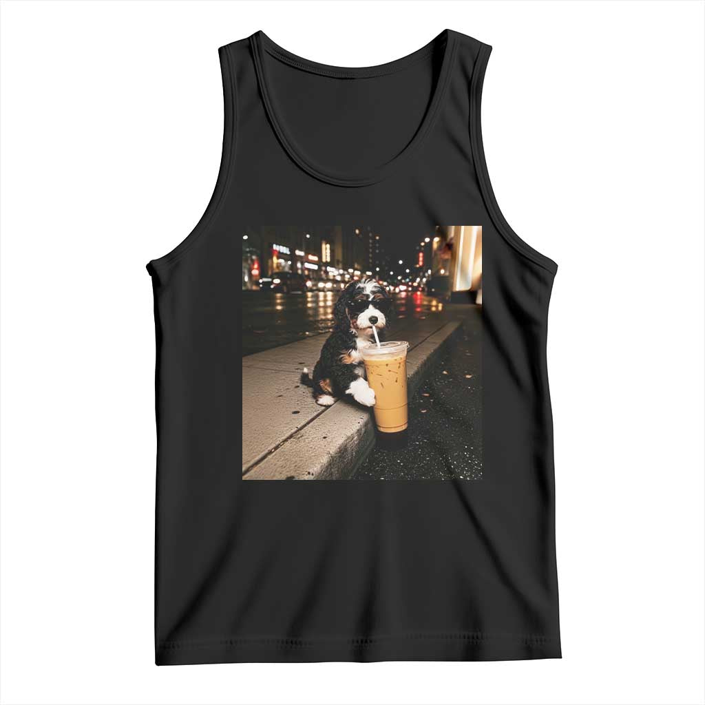 Bernedoodle Dog Drinking Iced Coffee Tank Top Funny Coffee Lover Gift for Dog Moms Dads