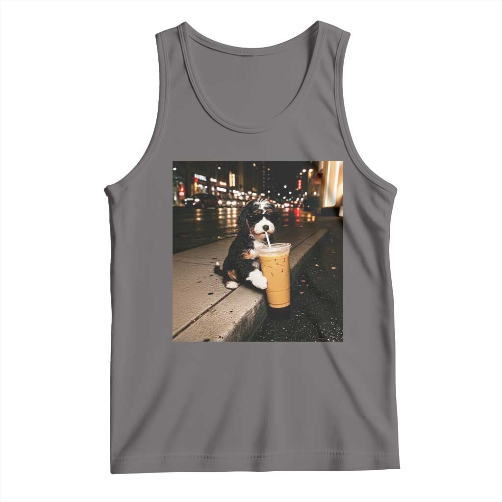 Bernedoodle Dog Drinking Iced Coffee Tank Top Funny Coffee Lover Gift for Dog Moms Dads