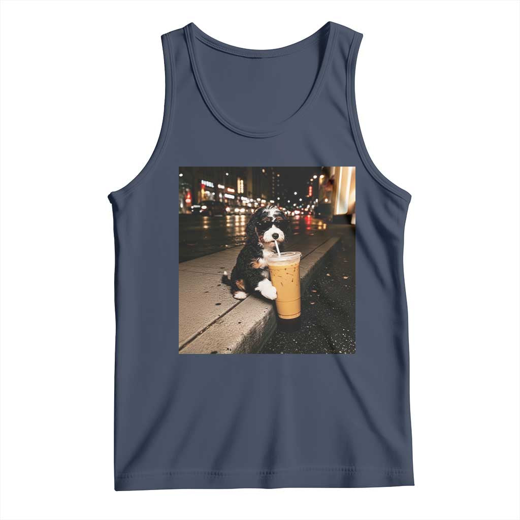 Bernedoodle Dog Drinking Iced Coffee Tank Top Funny Coffee Lover Gift for Dog Moms Dads