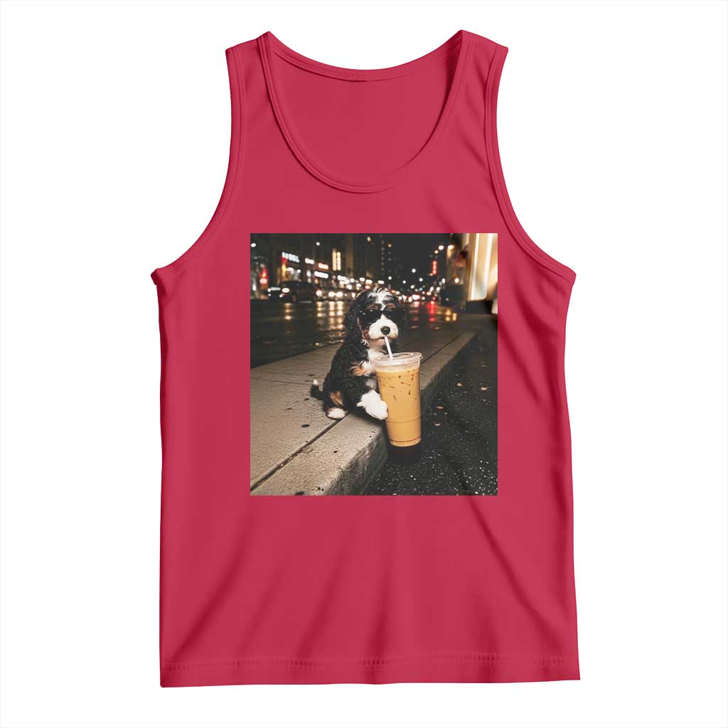 Bernedoodle Dog Drinking Iced Coffee Tank Top Funny Coffee Lover Gift for Dog Moms Dads