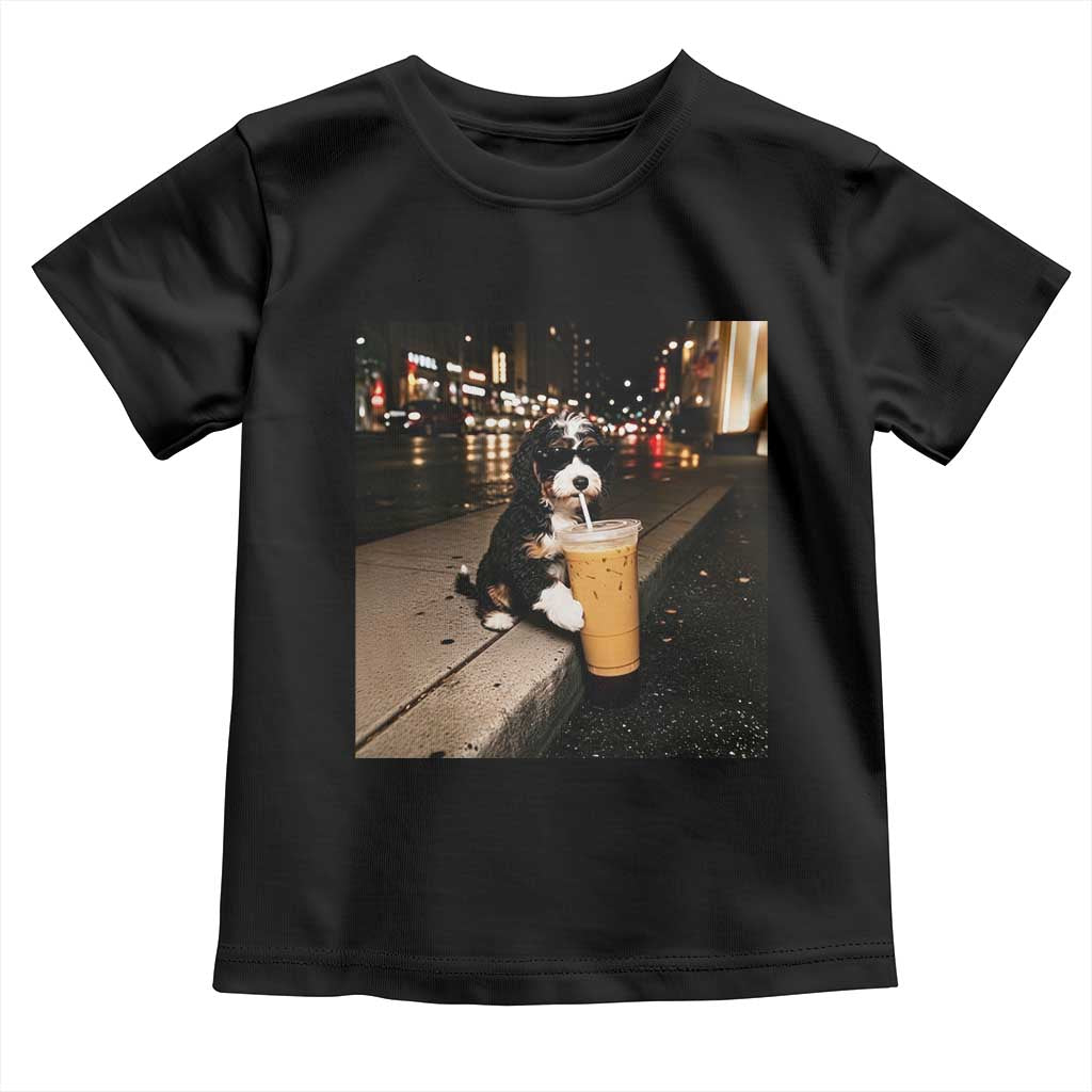 Bernedoodle Dog Drinking Iced Coffee Toddler T Shirt Funny Coffee Lover Gift for Dog Moms Dads